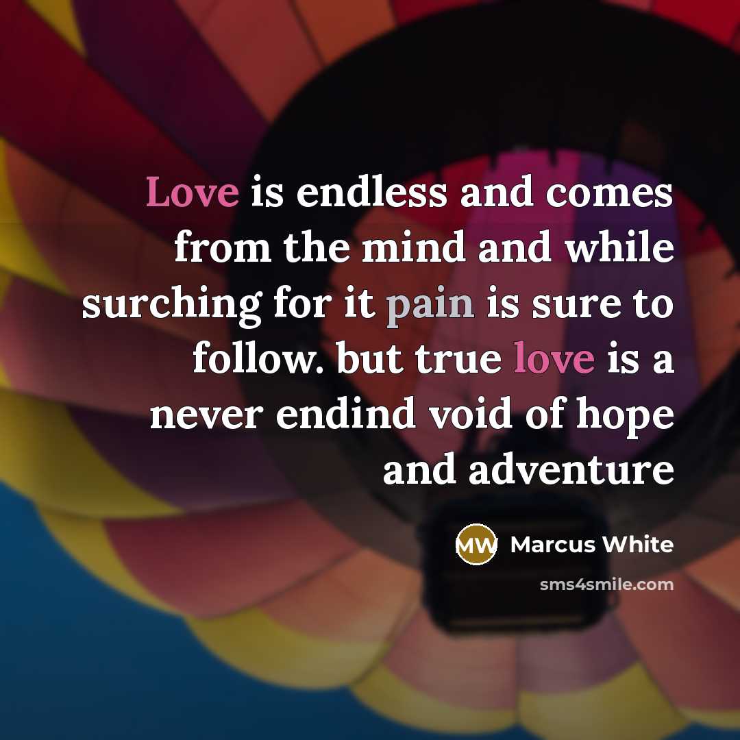 “Love is endless and comes from the mind and while surching for it pain is sure to follow. but true love is a never endind void of hope and adventure” quote by Marcus White