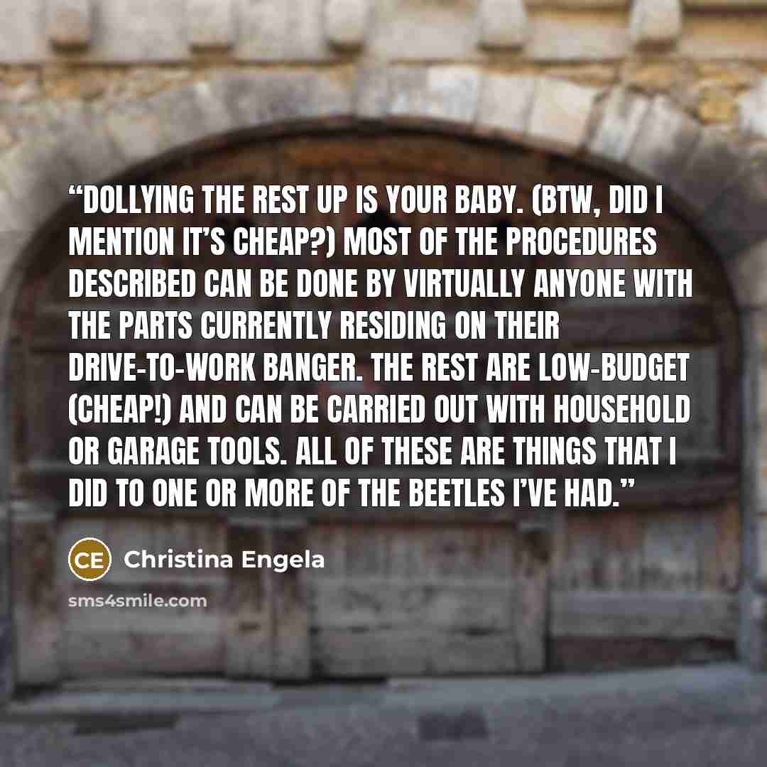 “Dollying the rest up is your baby. (Btw, did I mention it’s cheap?) Most of the procedures described can be done by virtually anyone with the parts currently residing on their drive-to-work banger. The rest are low-budget (cheap!) and can be carried out with household or garage tools. All of these…” quote by Christina Engela
