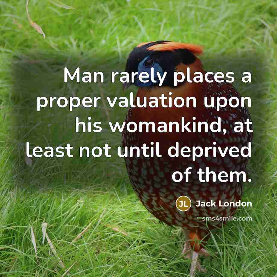 “Man rarely places a proper valuation upon his womankind, at least not until deprived of them.” quote by Jack London