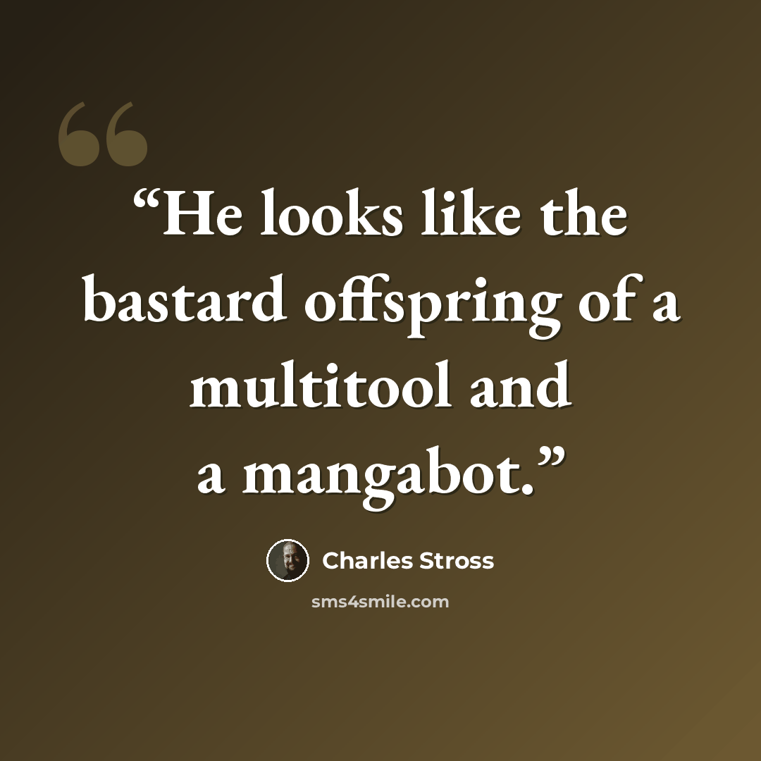 “He looks like the bastard offspring of a multitool and a mangabot.” quote by Charles Stross