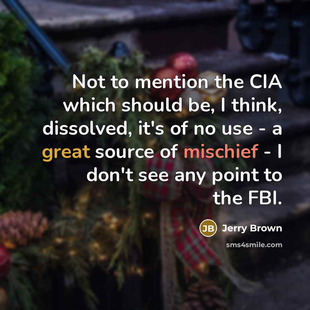 “Not to mention the CIA which should be, I think, dissolved, it's of no use - a great source of mischief - I don't see any point to the FBI.” quote by Jerry Brown