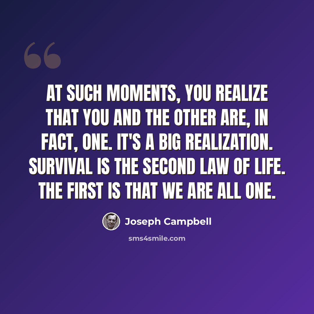 “At such moments, you realize that you and the other are, in fact, one. It's a big realization. Survival is the second law of life. The first is that we are all one.” quote by Joseph Campbell