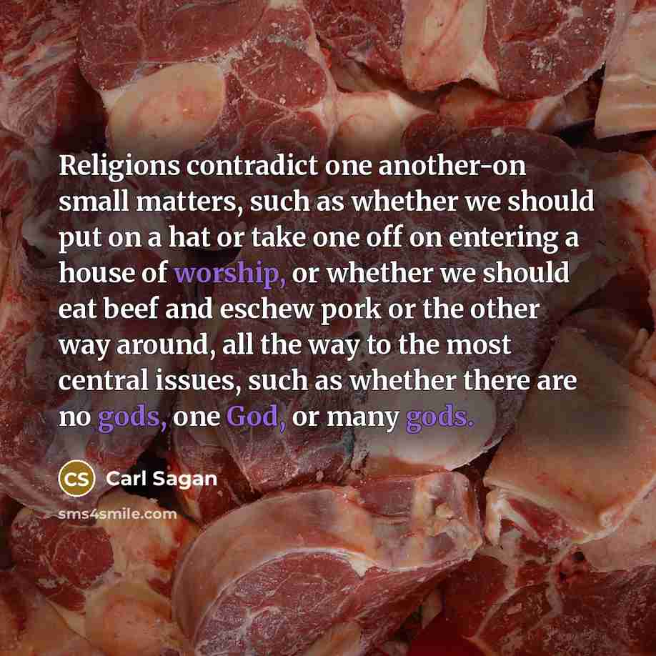 “Religions contradict one another-on small matters, such as whether we should put on a hat or take one off on entering a house of worship, or whether we should eat beef and eschew pork or the other way around, all the way to the most central issues, such as whether there are no gods, one God, or…” quote by Carl Sagan
