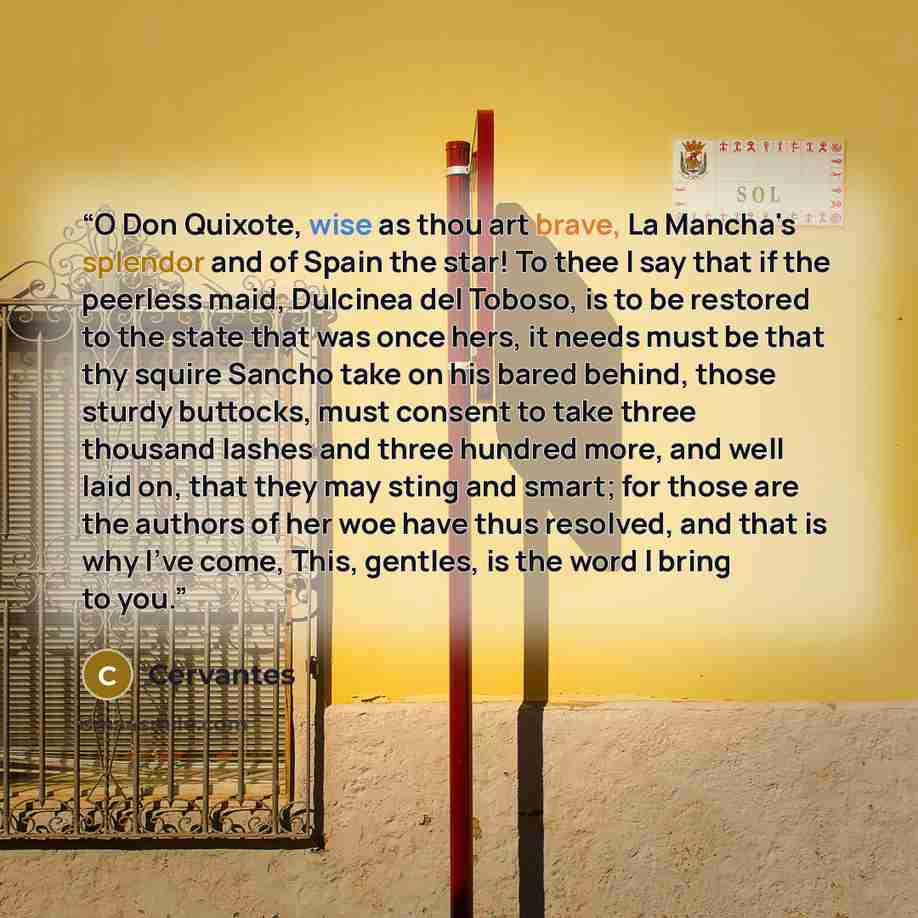 “O Don Quixote, wise as thou art brave, La Mancha's splendor and of Spain the star! To thee I say that if the peerless maid, Dulcinea del Toboso, is to be restored to the state that was once hers, it needs must be that thy squire Sancho take on his bared behind, those sturdy buttocks, must consent…” quote by Cervantes