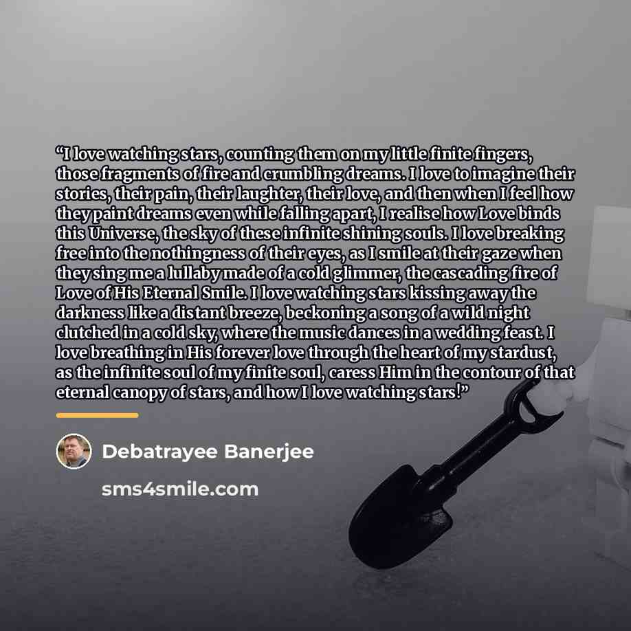 “I love watching stars, counting them on my little finite fingers, those fragments of fire and crumbling dreams. I love to imagine their stories, their pain, their laughter, their love, and then when I feel how they paint dreams even while falling apart, I realise how Love binds this Universe, the…” quote by Debatrayee Banerjee
