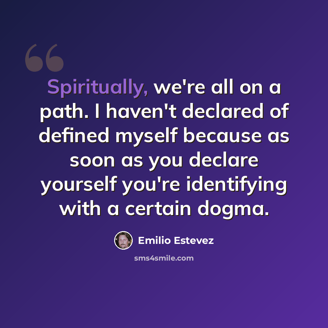 “Spiritually, we're all on a path. I haven't declared of defined myself because as soon as you declare yourself you're identifying with a certain dogma.” quote by Emilio Estevez