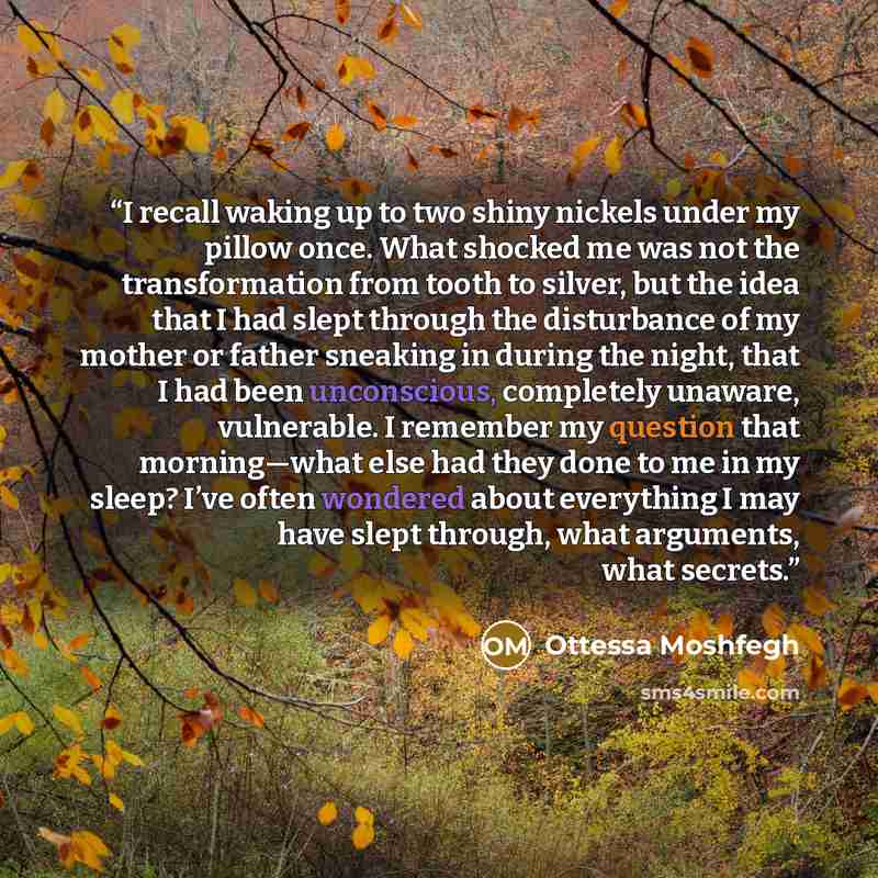 “I recall waking up to two shiny nickels under my pillow once. What shocked me was not the transformation from tooth to silver, but the idea that I had slept through the disturbance of my mother or father sneaking in during the night, that I had been unconscious, completely unaware, vulnerable. I…” quote by Ottessa Moshfegh