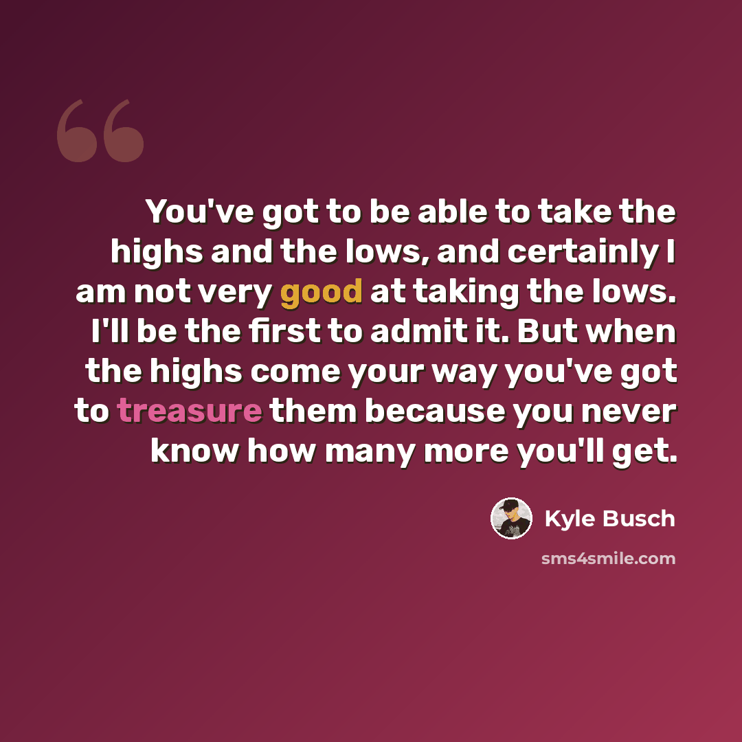 “You've got to be able to take the highs and the lows, and certainly I am not very good at taking the lows. I'll be the first to admit it. But when the highs come your way you've got to treasure them because you never know how many more you'll get.” quote by Kyle Busch