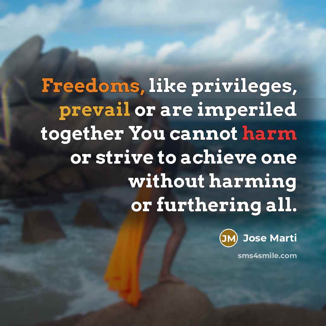“Freedoms, like privileges, prevail or are imperiled together You cannot harm or strive to achieve one without harming or furthering all.” quote by Jose Marti