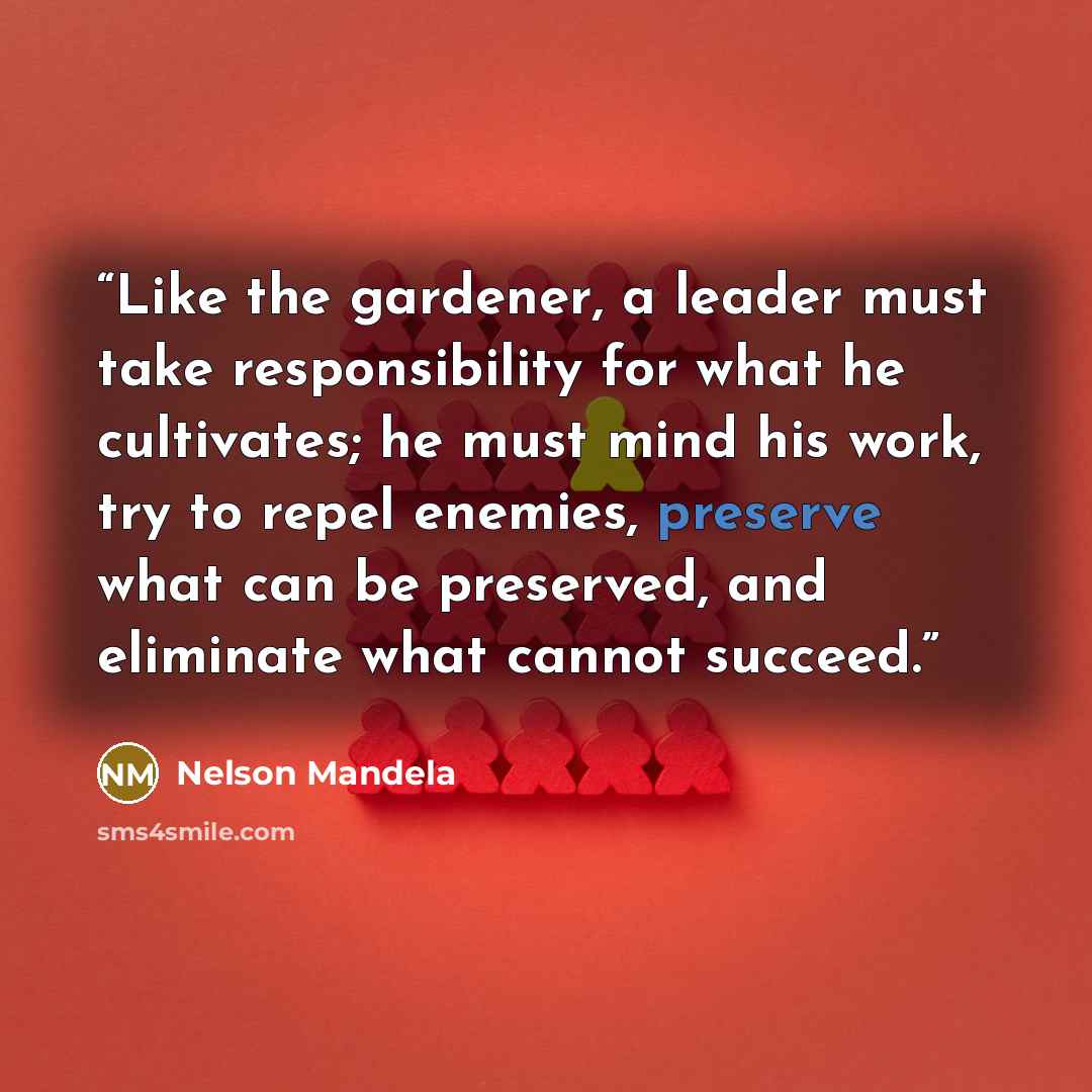 “Like the gardener, a leader must take responsibility for what he cultivates; he must mind his work, try to repel enemies, preserve what can be preserved, and eliminate what cannot succeed.” quote by Nelson Mandela