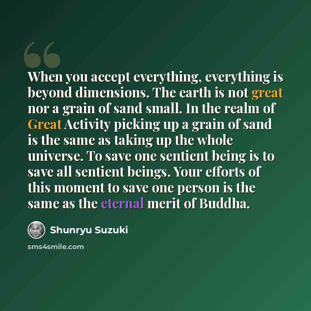 “When you accept everything, everything is beyond dimensions. The earth is not great nor a grain of sand small. In the realm of Great Activity picking up a grain of sand is the same as taking up the whole universe. To save one sentient being is to save all sentient beings. Your efforts of this…” quote by Shunryu Suzuki