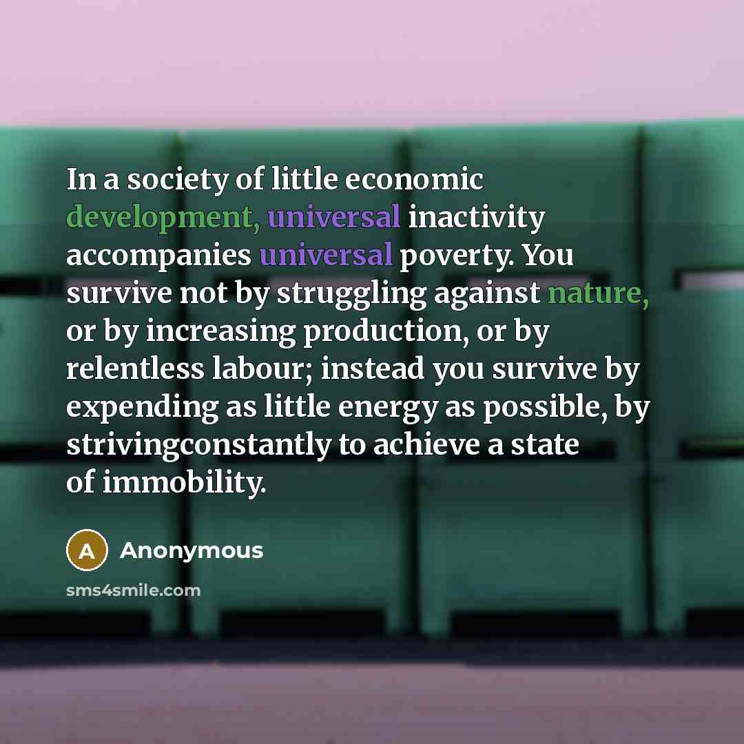 “In a society of little economic development, universal inactivity accompanies universal poverty. You survive not by struggling against nature, or by increasing production, or by relentless labour; instead you survive by expending as little energy as possible, by strivingconstantly to achieve a…” quote by Anonymous