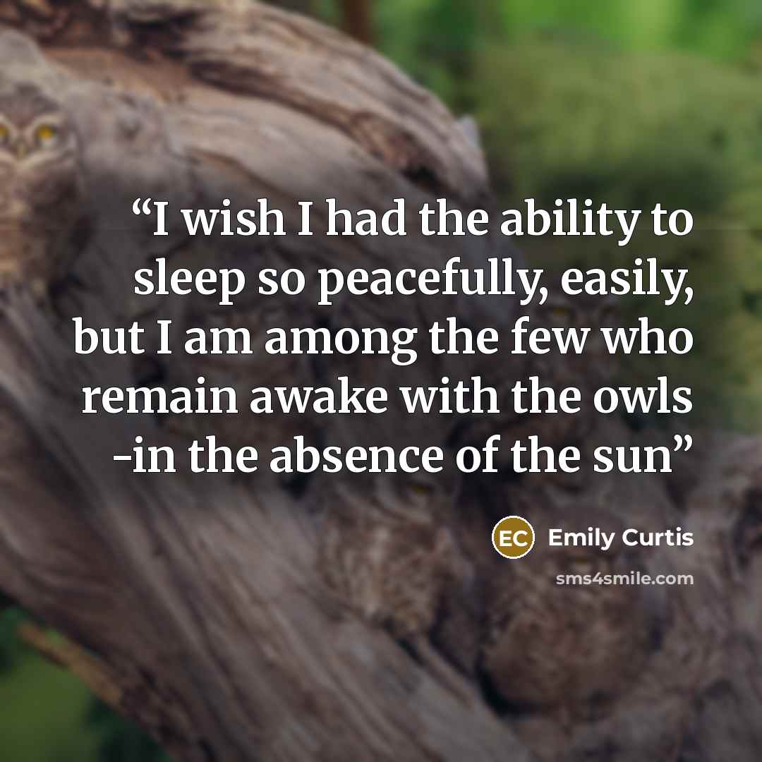 “I wish I had the ability to sleep so peacefully, easily, but I am among the few who remain awake with the owls -in the absence of the sun” quote by Emily Curtis