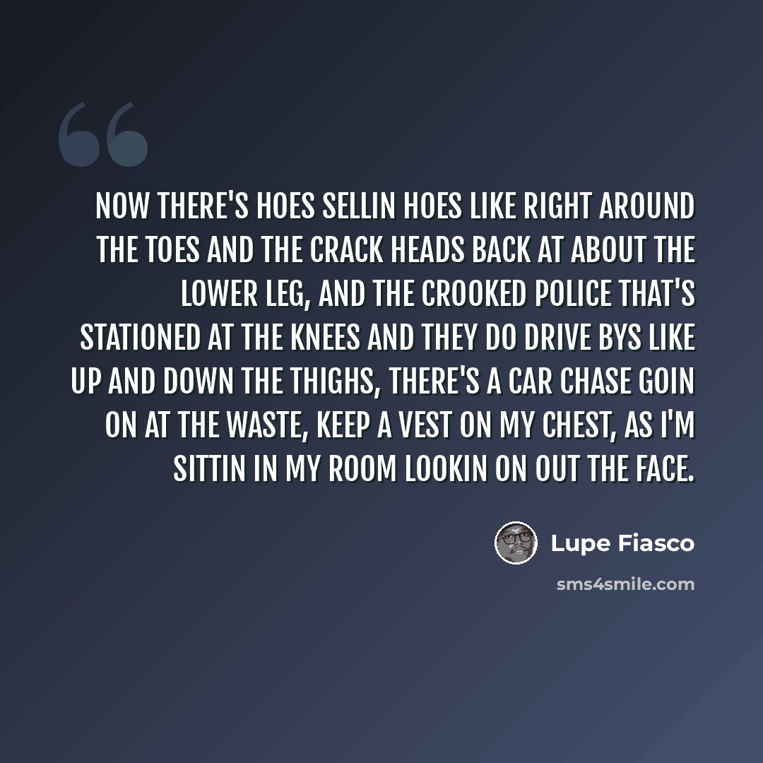 “Now there's hoes sellin hoes like right around the toes and the crack heads back at about the lower leg, and the crooked police that's stationed at the knees and they do drive bys like up and down the thighs, there's a car chase goin on at the waste, keep a vest on my chest, as I'm sittin in my…” quote by Lupe Fiasco