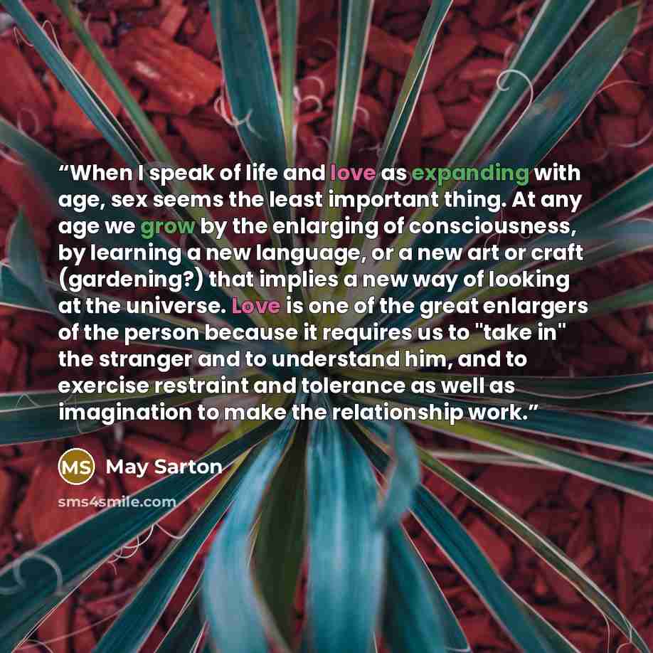 “When I speak of life and love as expanding with age, sex seems the least important thing. At any age we grow by the enlarging of consciousness, by learning a new language, or a new art or craft (gardening?) that implies a new way of looking at the universe. Love is one of the great enlargers of…” quote by May Sarton