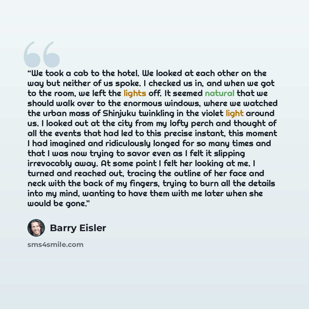 “We took a cab to the hotel. We looked at each other on the way but neither of us spoke. I checked us in, and when we got to the room, we left the lights off. It seemed natural that we should walk over to the enormous windows, where we watched the urban mass of Shinjuku twinkling in the violet…” quote by Barry Eisler