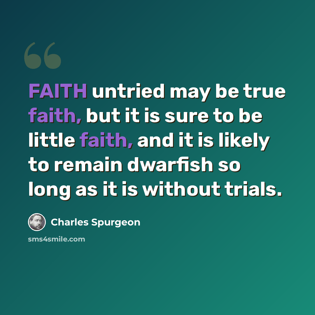 “FAITH untried may be true faith, but it is sure to be little faith, and it is likely to remain dwarfish so long as it is without trials.” quote by Charles Spurgeon