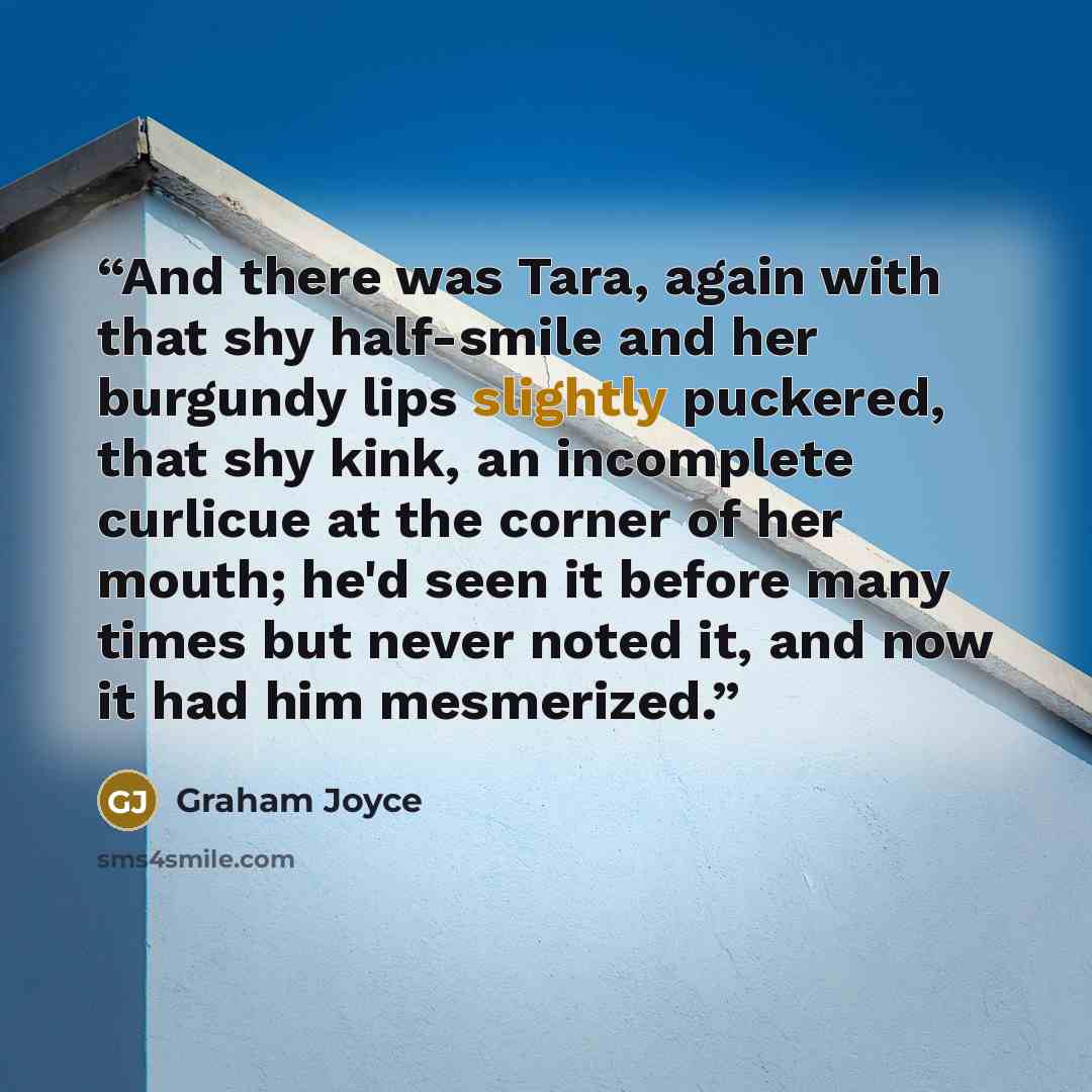 “And there was Tara, again with that shy half-smile and her burgundy lips slightly puckered, that shy kink, an incomplete curlicue at the corner of her mouth; he'd seen it before many times but never noted it, and now it had him mesmerized.” quote by Graham Joyce