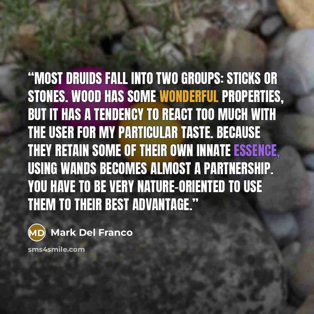 “Most druids fall into two groups: sticks or stones. Wood has some wonderful properties, but it has a tendency to react too much with the user for my particular taste. Because they retain some of their own innate essence, using wands becomes almost a partnership. You have to be very nature-oriented…” quote by Mark Del Franco