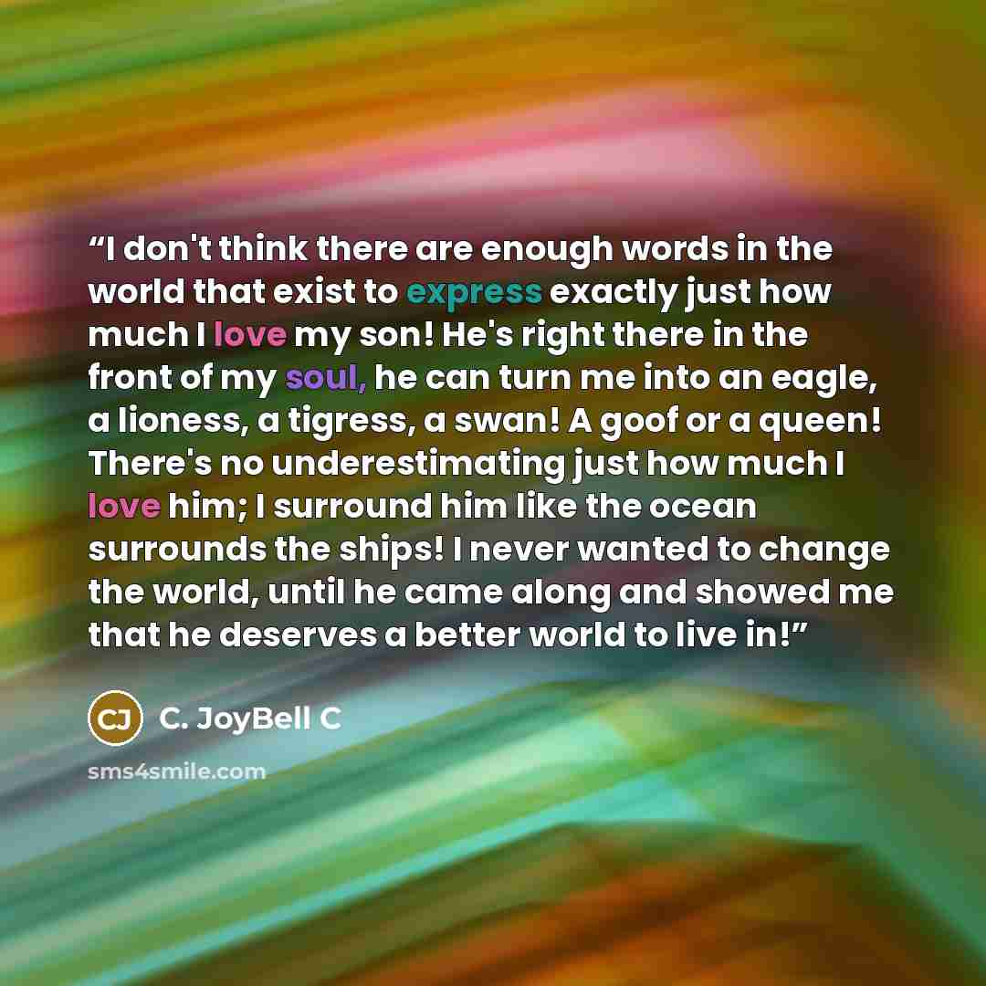 “I don't think there are enough words in the world that exist to express exactly just how much I love my son! He's right there in the front of my soul, he can turn me into an eagle, a lioness, a tigress, a swan! A goof or a queen! There's no underestimating just how much I love him; I surround him…” quote by C. JoyBell C