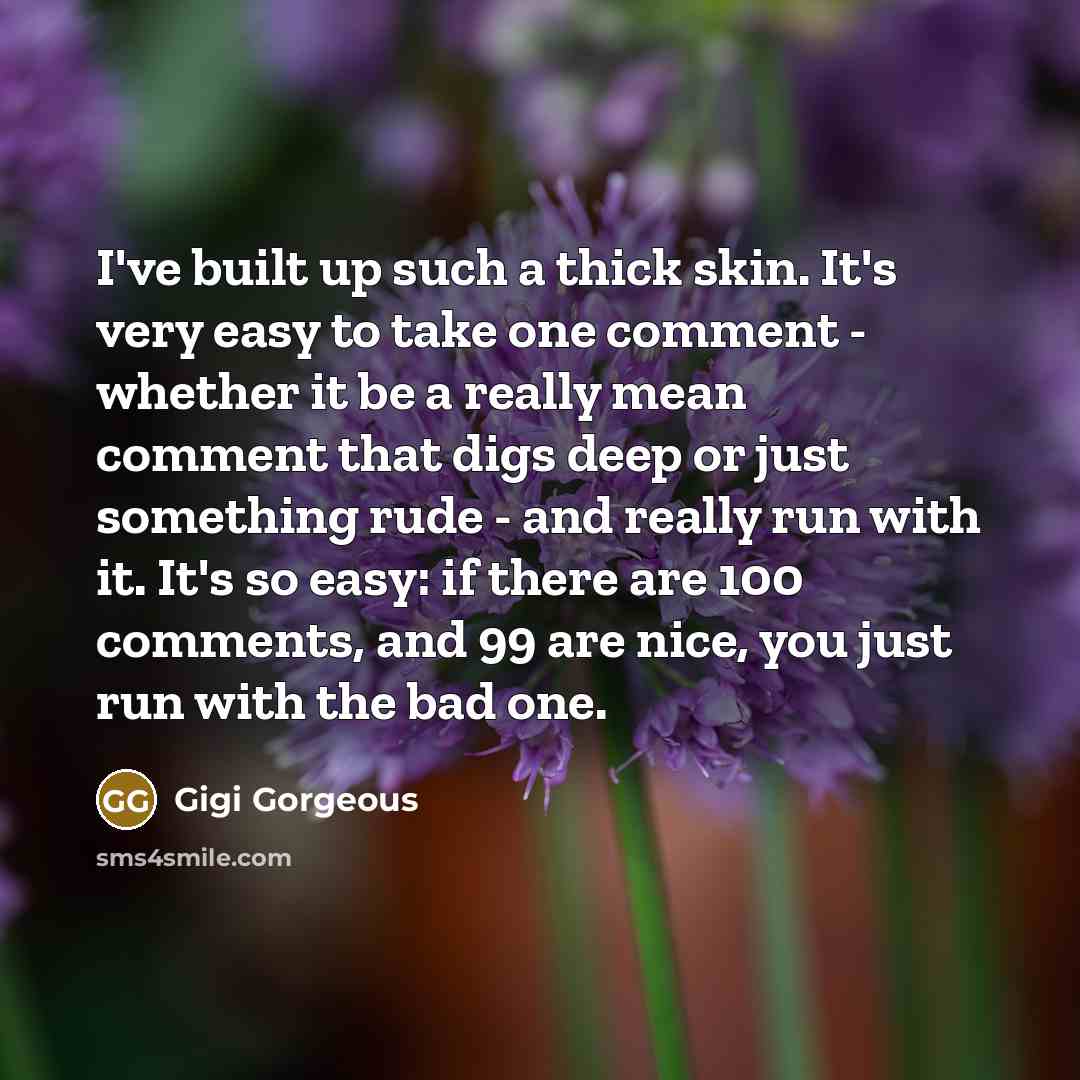 “I've built up such a thick skin. It's very easy to take one comment - whether it be a really mean comment that digs deep or just something rude - and really run with it. It's so easy: if there are 100 comments, and 99 are nice, you just run with the bad one.” quote by Gigi Gorgeous