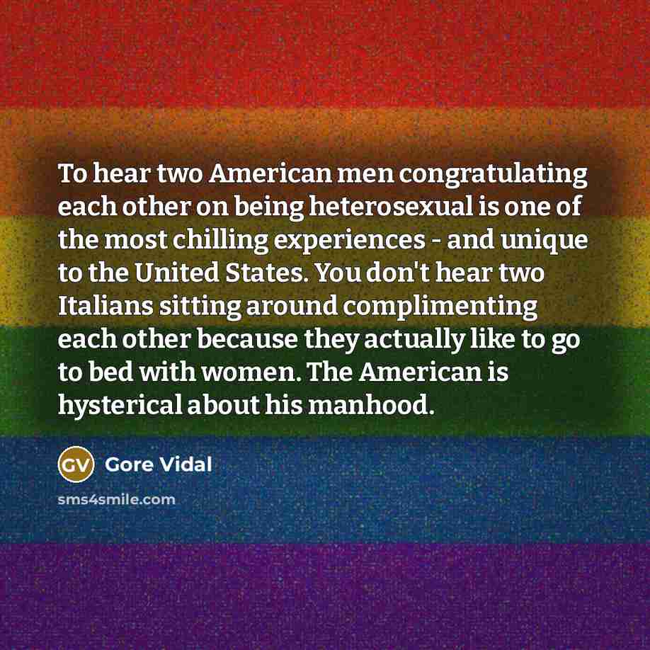 “To hear two American men congratulating each other on being heterosexual is one of the most chilling experiences - and unique to the United States. You don't hear two Italians sitting around complimenting each other because they actually like to go to bed with women. The American is hysterical…” quote by Gore Vidal