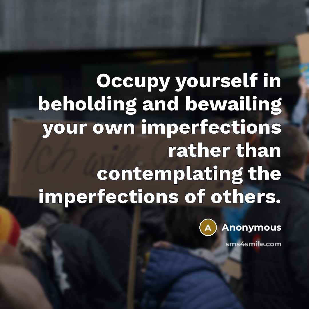 “Occupy yourself in beholding and bewailing your own imperfections rather than contemplating the imperfections of others.” quote by Anonymous