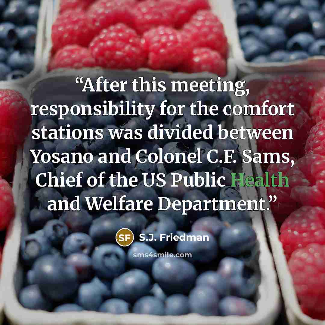 “After this meeting, responsibility for the comfort stations was divided between Yosano and Colonel C.F. Sams, Chief of the US Public Health and Welfare Department.” quote by S.J. Friedman