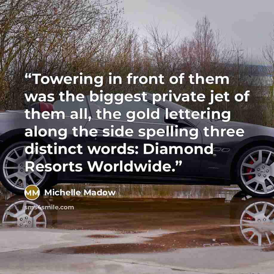 “Towering in front of them was the biggest private jet of them all, the gold lettering along the side spelling three distinct words: Diamond Resorts Worldwide.” quote by Michelle Madow