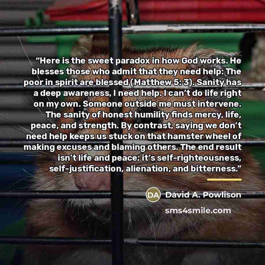 “Here is the sweet paradox in how God works. He blesses those who admit that they need help: The poor in spirit are blessed (Matthew 5: 3). Sanity has a deep awareness, I need help. I can’t do life right on my own. Someone outside me must intervene. The sanity of honest humility finds mercy, life…” quote by David A. Powlison