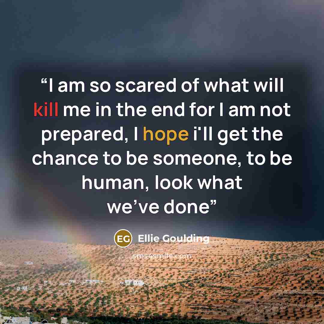 “I am so scared of what will kill me in the end for I am not prepared, I hope i'll get the chance to be someone, to be human, look what we've done” quote by Ellie Goulding
