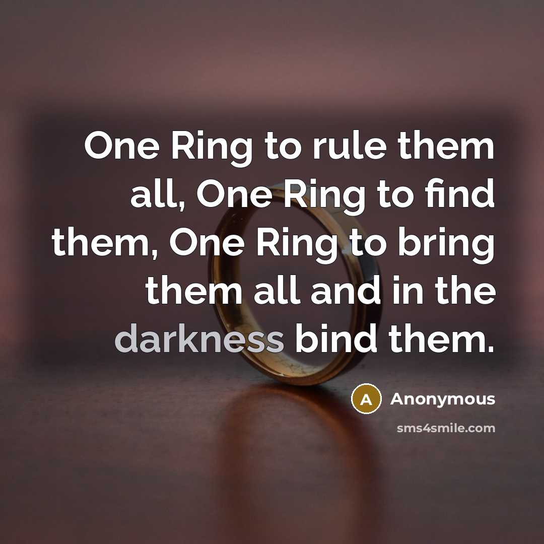 “One Ring to rule them all, One Ring to find them, One Ring to bring them all and in the darkness bind them.” quote by Anonymous