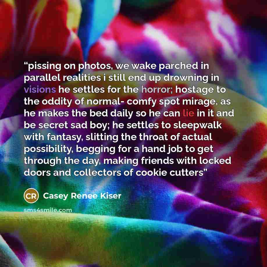 “pissing on photos, we wake parched in parallel realities i still end up drowning in visions he settles for the horror; hostage to the oddity of normal- comfy spot mirage, as he makes the bed daily so he can lie in it and be secret sad boy; he settles to sleepwalk with fantasy, slitting the throat…” quote by Casey Renee Kiser