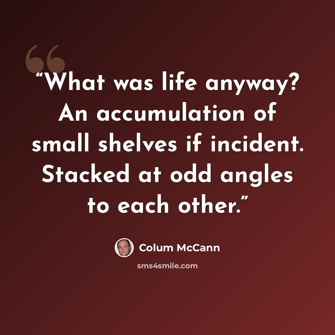 “What was life anyway? An accumulation of small shelves if incident. Stacked at odd angles to each other.” quote by Colum McCann