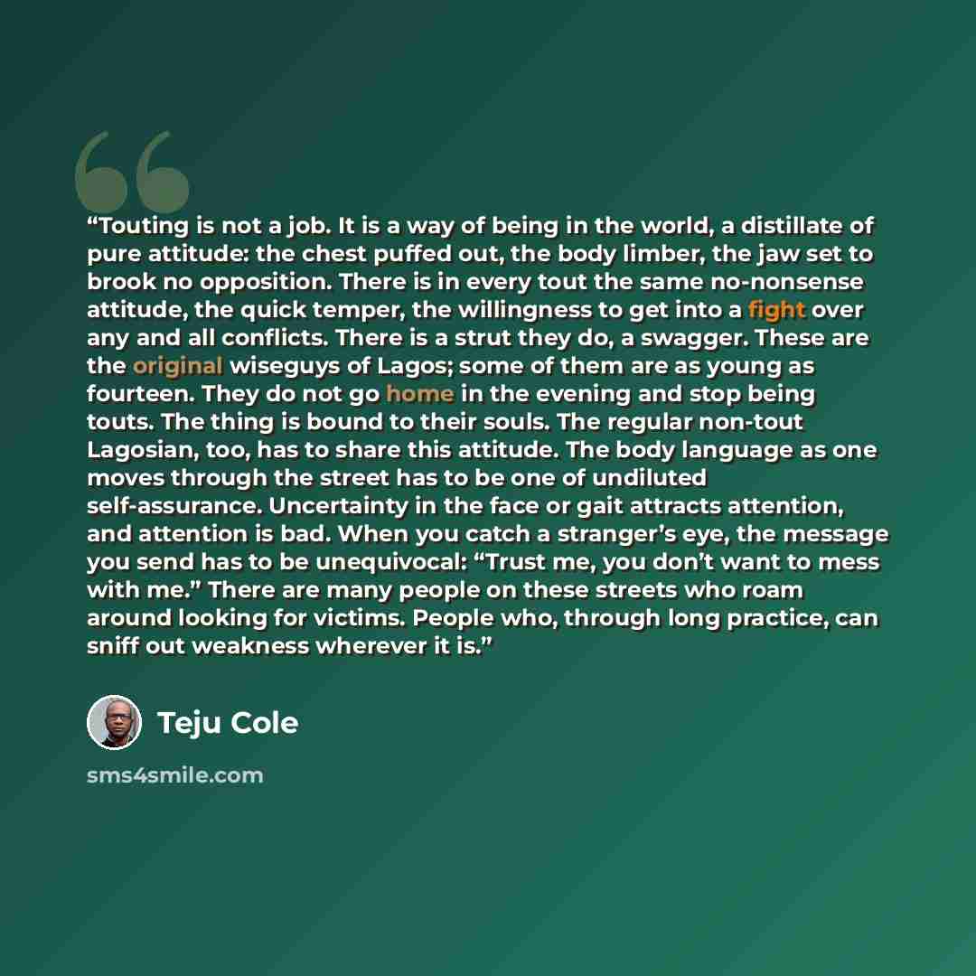 “Touting is not a job. It is a way of being in the world, a distillate of pure attitude: the chest puffed out, the body limber, the jaw set to brook no opposition. There is in every tout the same no-nonsense attitude, the quick temper, the willingness to get into a fight over any and all conflicts…” quote by Teju Cole