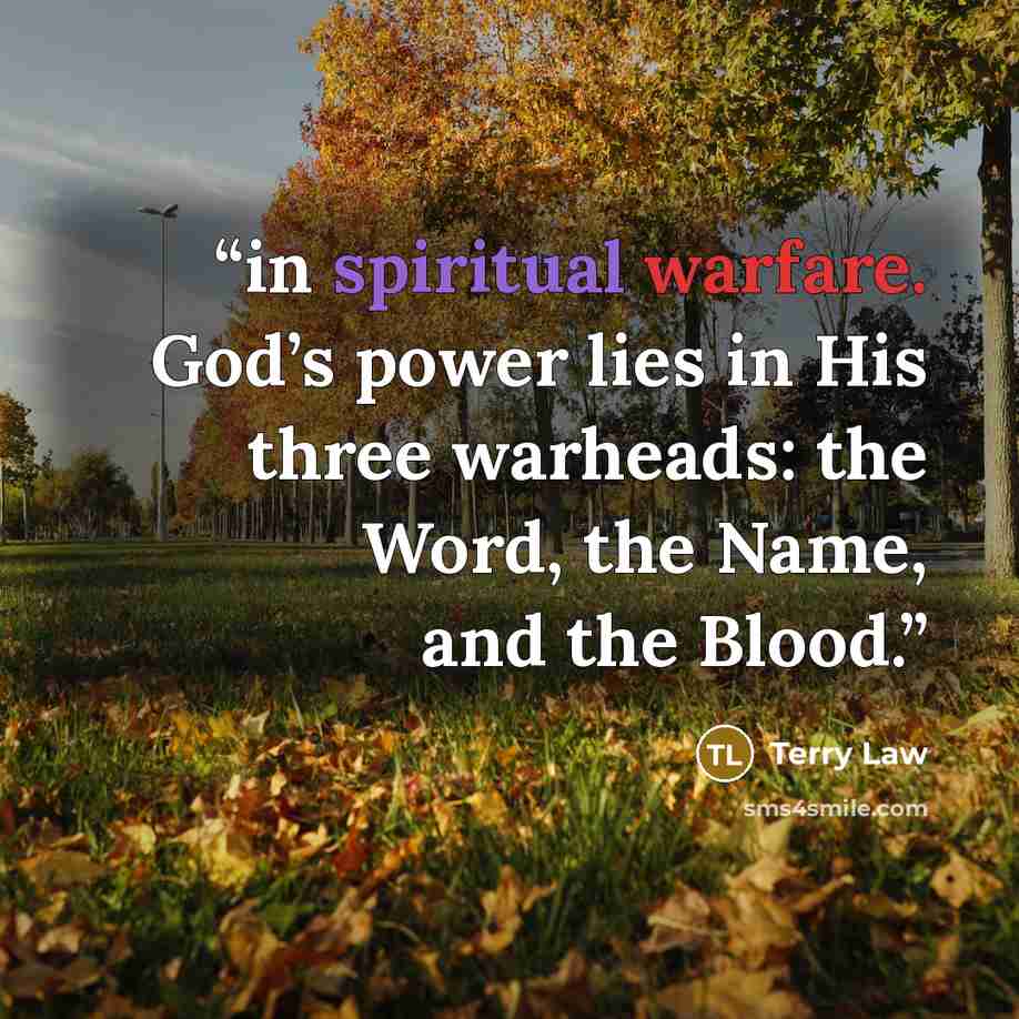 “in spiritual warfare. God’s power lies in His three warheads: the Word, the Name, and the Blood.” quote by Terry Law