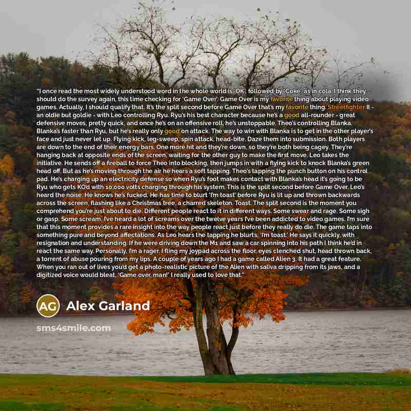 “I once read the most widely understood word in the whole world is ‘OK’, followed by ‘Coke’, as in cola. I think they should do the survey again, this time checking for ‘Game Over’. Game Over is my favorite thing about playing video games. Actually, I should qualify that. It’s the split second…” quote by Alex Garland