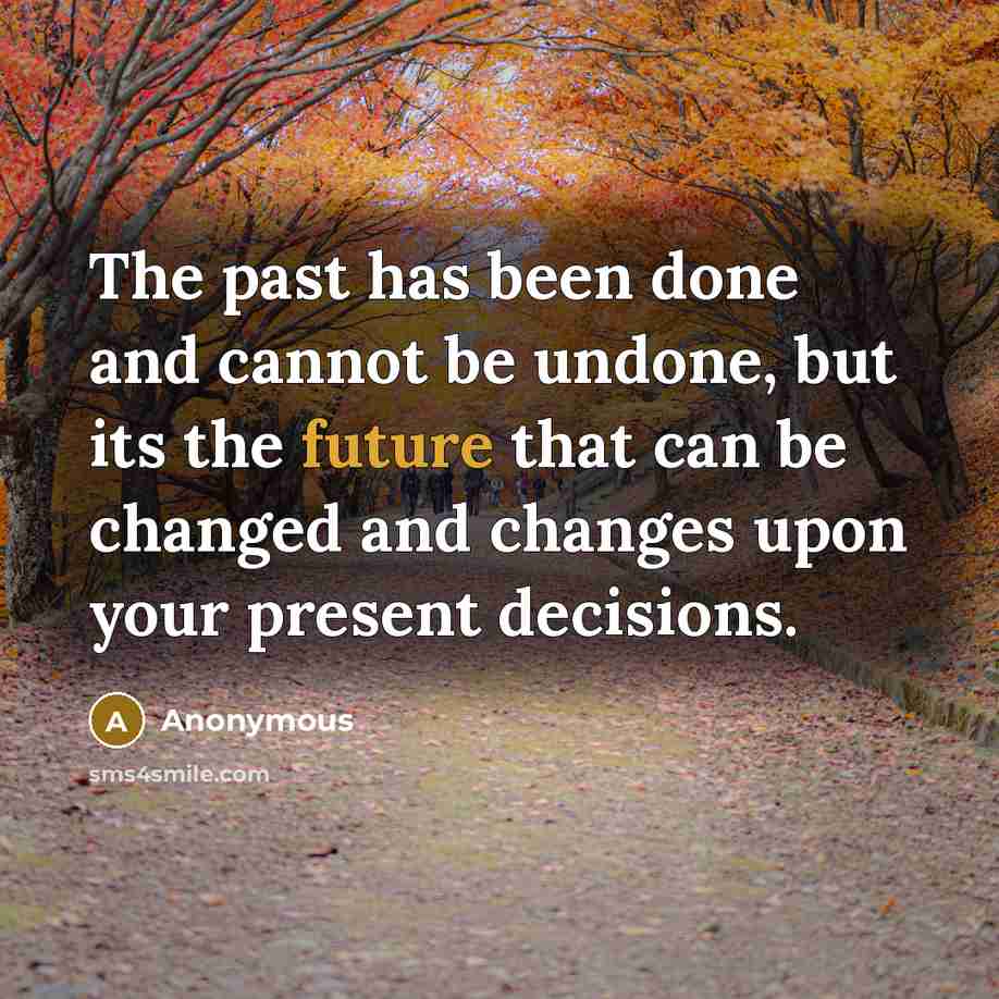 “The past has been done and cannot be undone, but its the future that can be changed and changes upon your present decisions.” quote by Anonymous