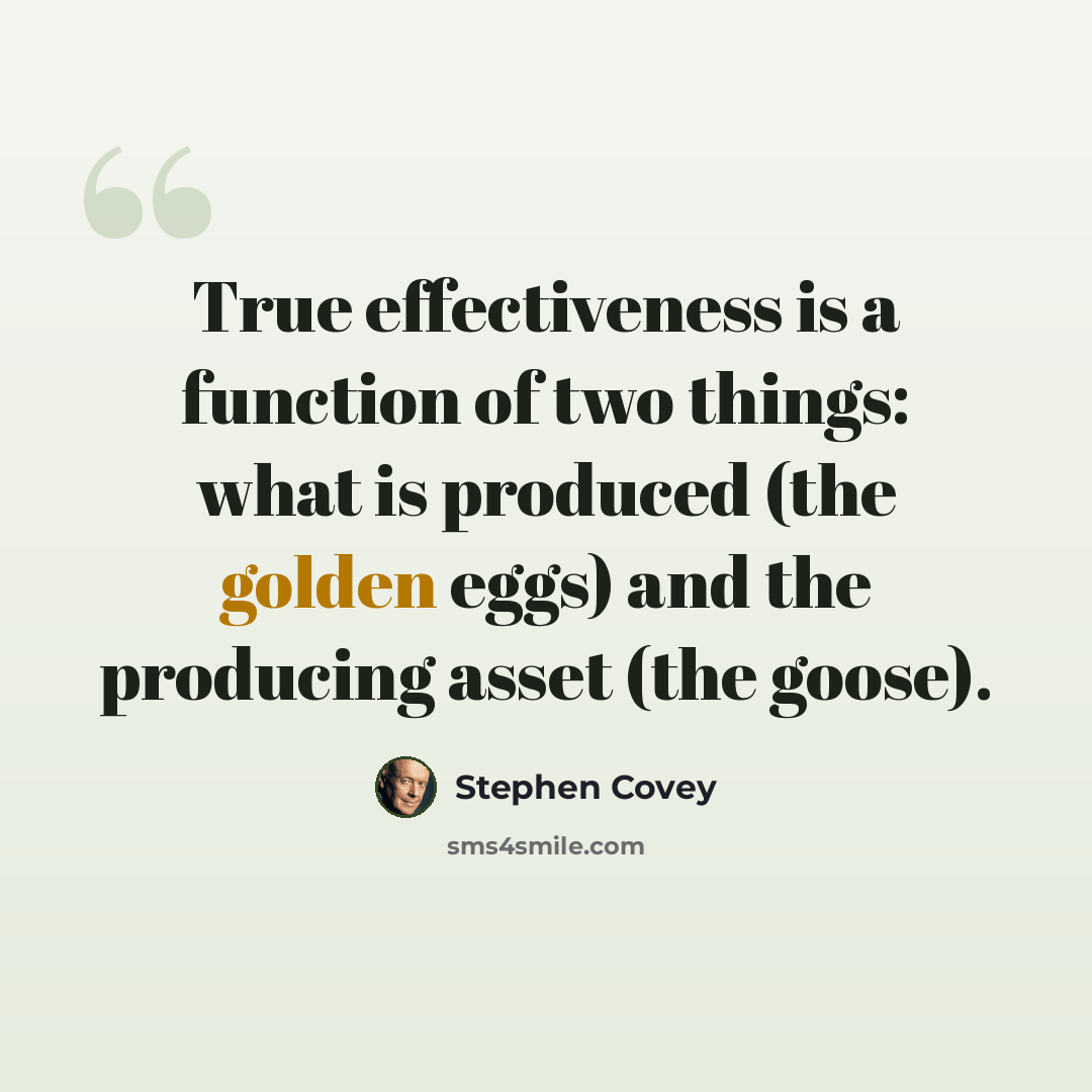 “True effectiveness is a function of two things: what is produced (the golden eggs) and the producing asset (the goose).” quote by Stephen Covey