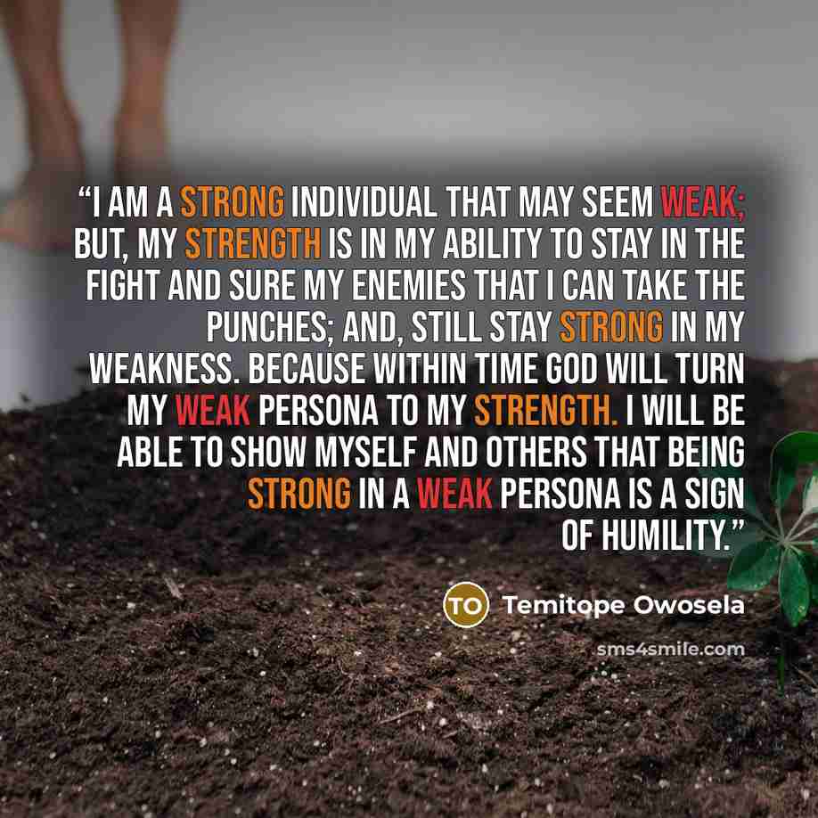 “I am a strong individual that may seem weak; but, my strength is in my ability to stay in the fight and sure my enemies that I can take the punches; and, still stay strong in my weakness. Because within time God will turn my weak persona to my strength. I will be able to show myself and others…” quote by Temitope Owosela