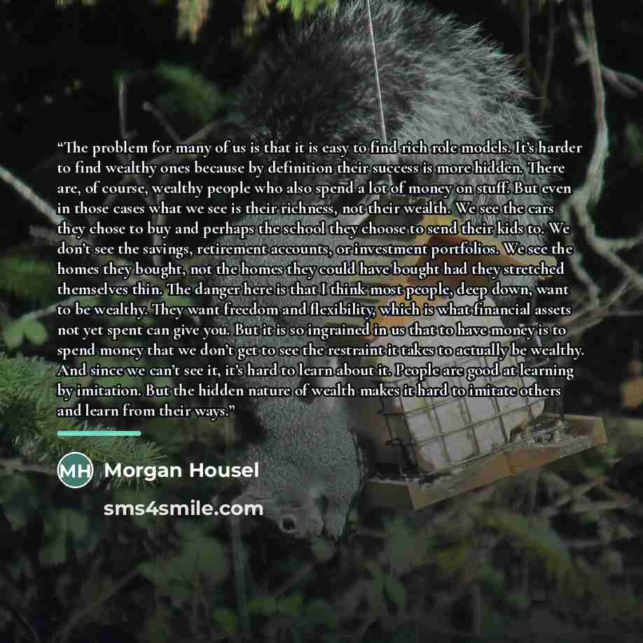 “The problem for many of us is that it is easy to find rich role models. It’s harder to find wealthy ones because by definition their success is more hidden. There are, of course, wealthy people who also spend a lot of money on stuff. But even in those cases what we see is their richness, not their…” quote by Morgan Housel