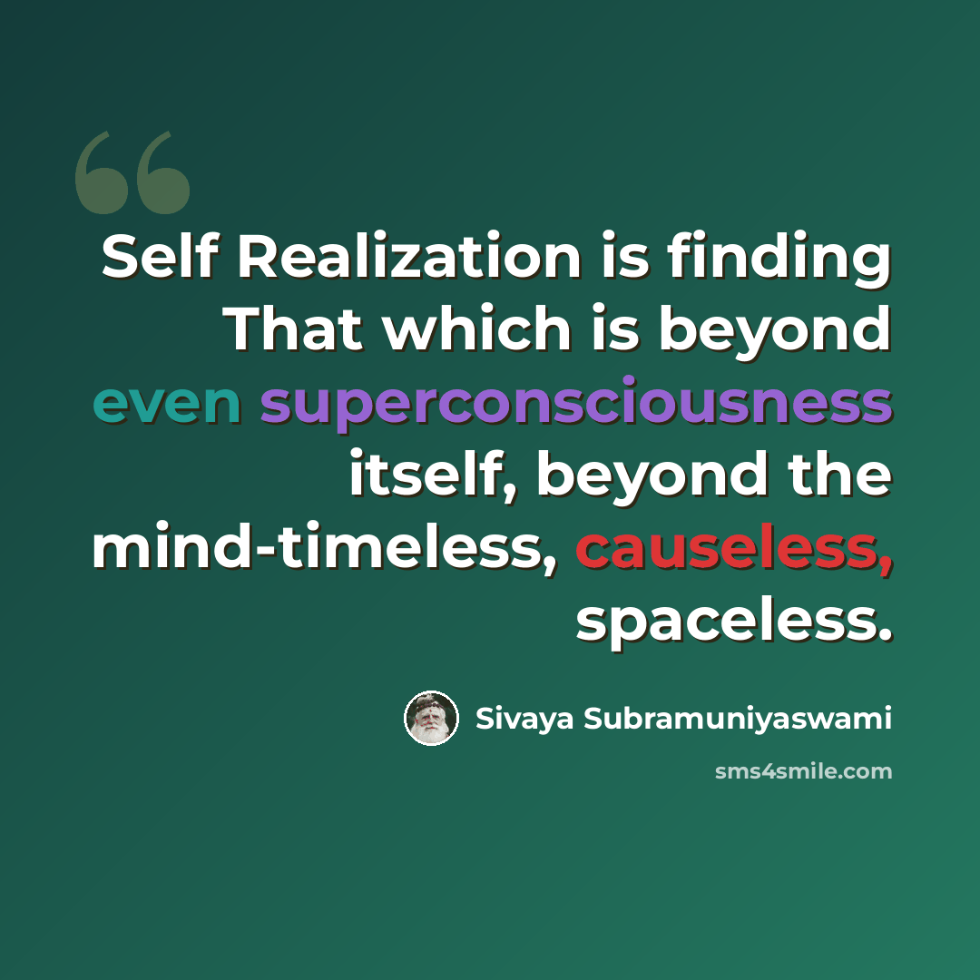 “Self Realization is finding That which is beyond even superconsciousness itself, beyond the mind-timeless, causeless, spaceless.” quote by Sivaya Subramuniyaswami