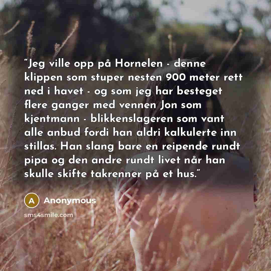 “Jeg ville opp på Hornelen - denne klippen som stuper nesten 900 meter rett ned i havet - og som jeg har besteget flere ganger med vennen Jon som kjentmann - blikkenslageren som vant alle anbud fordi han aldri kalkulerte inn stillas. Han slang bare en reipende rundt pipa og den andre rundt livet…” quote by Anonymous