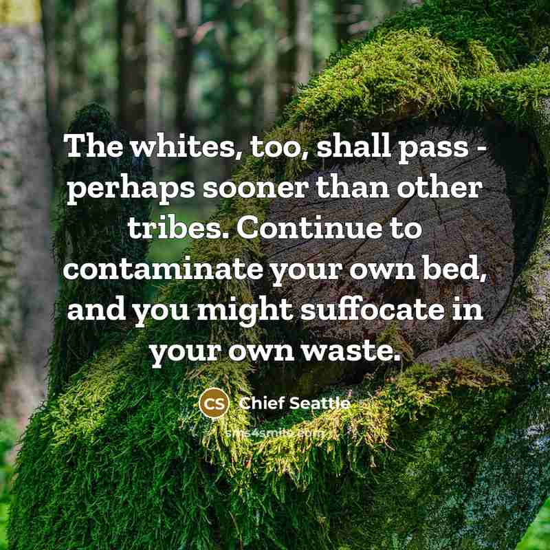 “The whites, too, shall pass - perhaps sooner than other tribes. Continue to contaminate your own bed, and you might suffocate in your own waste.” quote by Chief Seattle