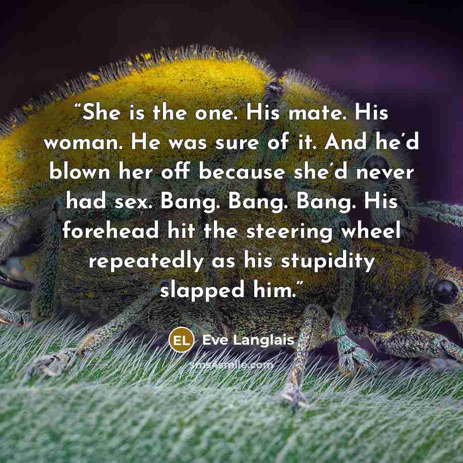 “She is the one. His mate. His woman. He was sure of it. And he’d blown her off because she’d never had sex. Bang. Bang. Bang. His forehead hit the steering wheel repeatedly as his stupidity slapped him.” quote by Eve Langlais