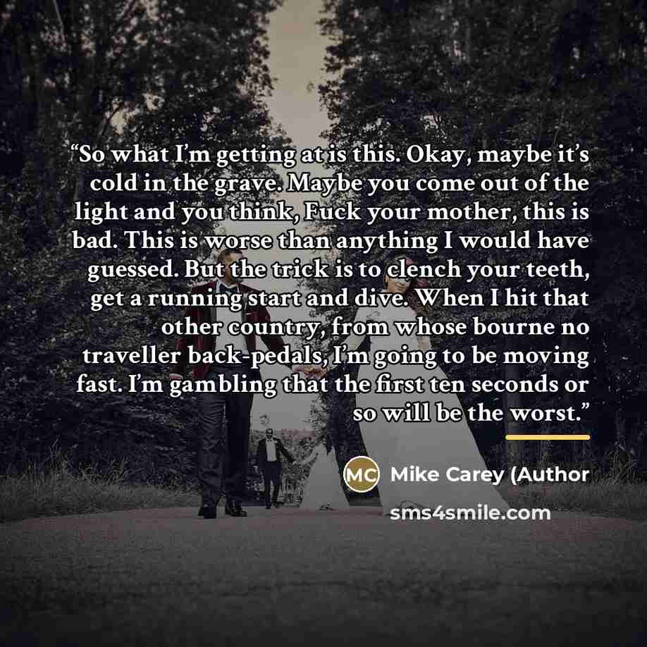 “So what I’m getting at is this. Okay, maybe it’s cold in the grave. Maybe you come out of the light and you think, Fuck your mother, this is bad. This is worse than anything I would have guessed. But the trick is to clench your teeth, get a running start and dive. When I hit that other country…” quote by Anonymous
