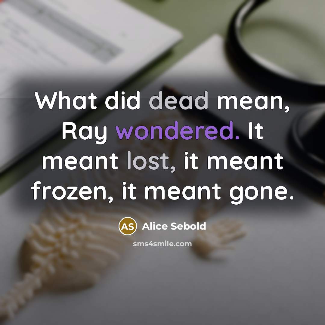 “What did dead mean, Ray wondered. It meant lost, it meant frozen, it meant gone.” quote by Alice Sebold
