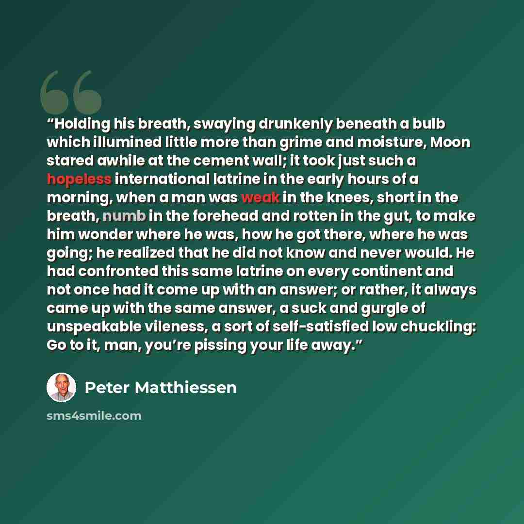 “Holding his breath, swaying drunkenly beneath a bulb which illumined little more than grime and moisture, Moon stared awhile at the cement wall; it took just such a hopeless international latrine in the early hours of a morning, when a man was weak in the knees, short in the breath, numb in the…” quote by Peter Matthiessen