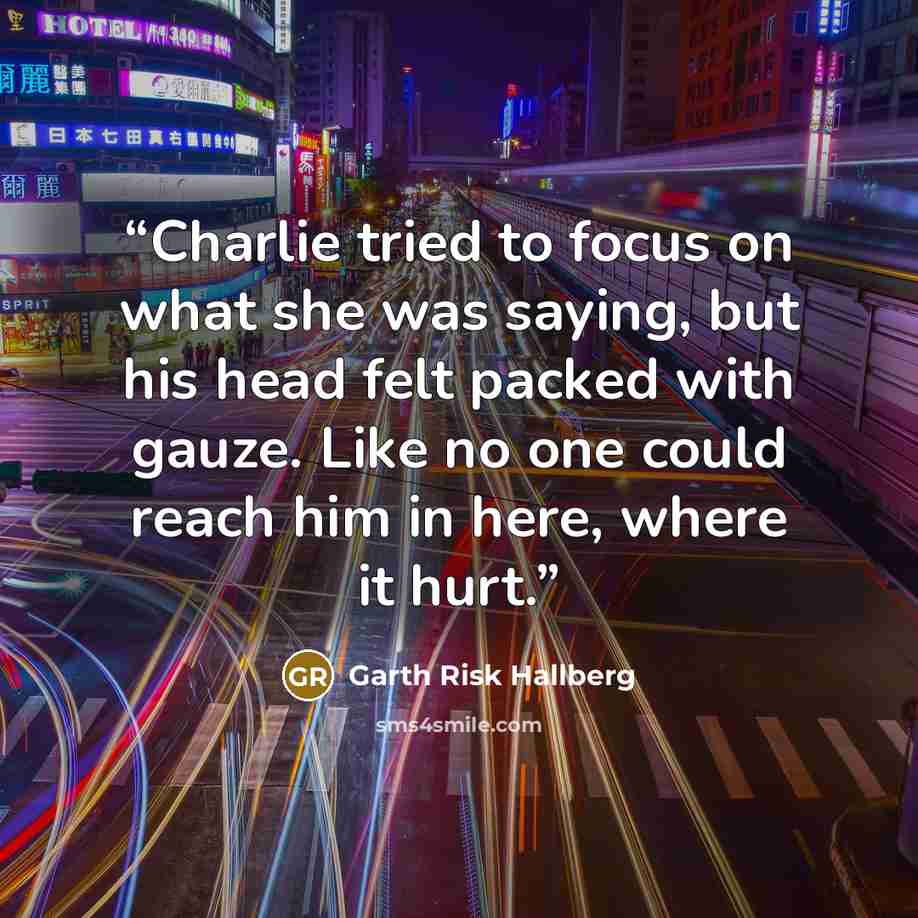 “Charlie tried to focus on what she was saying, but his head felt packed with gauze. Like no one could reach him in here, where it hurt.” quote by Garth Risk Hallberg