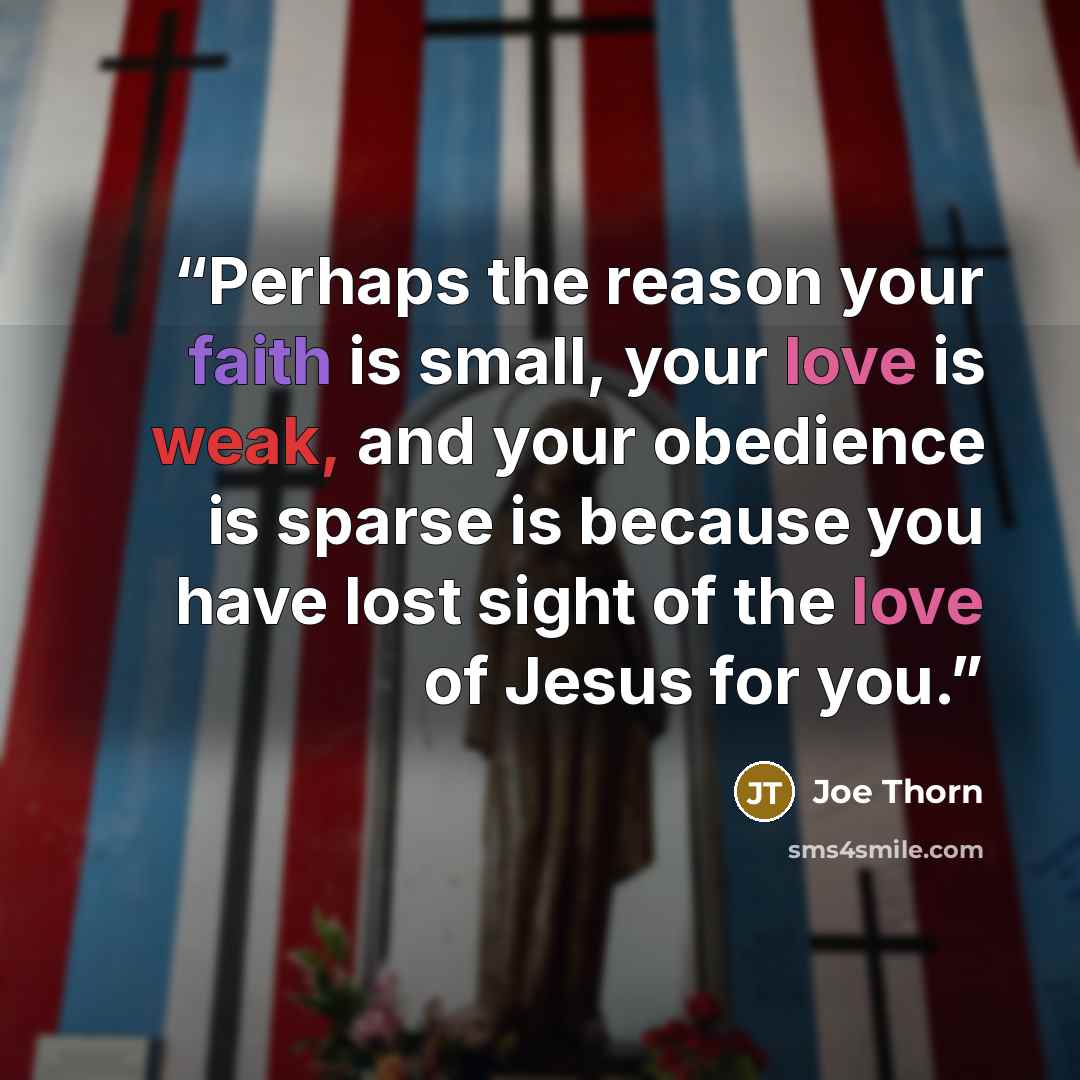 “Perhaps the reason your faith is small, your love is weak, and your obedience is sparse is because you have lost sight of the love of Jesus for you.” quote by Joe Thorn